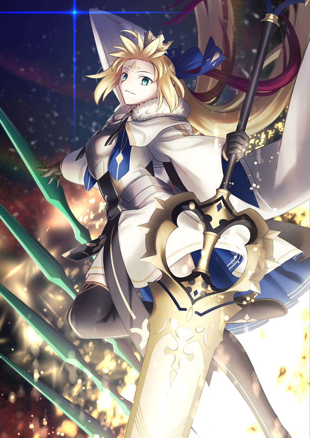 1girl ahoge armor armored_dress artoria_caster_(fate) artoria_caster_(third_ascension)_(fate) artoria_pendragon_(fate) black_gloves blonde_hair blue_ribbon blurry blush bokeh boots breastplate breasts capelet cloak crown depth_of_field dress facial_mark fate/grand_order fate_(series) faulds forehead_mark fur-trimmed_capelet fur_trim gloves green_eyes hair_ribbon high_heels highres long_hair long_sleeves looking_at_viewer marmyadose_(fate) night night_sky revision ribbon shoori_(migiha) sky small_breasts smile solo thigh_boots thighs twintails very_long_hair white_capelet white_cloak white_dress
