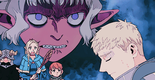 1girl 4boys animated animated_gif blonde_hair chilchuck_tims dungeon_meshi halfling helmet horns laios_touden marcille_donato multiple_boys pointy_ears purple_eyes senshi_(dungeon_meshi) sharp_teeth short_hair teeth thistle_(dungeon_meshi)