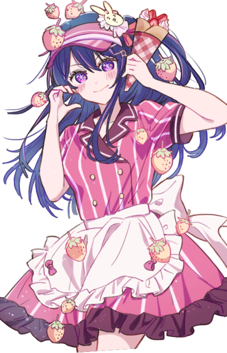 1girl apron back_bow blush bow closed_mouth commentary crepe dress food frilled_dress frills fruit hair_between_eyes hair_ornament hairclip half-heart_hands holding holding_crepe holding_food hoshino_ai long_hair looking_at_viewer multicolored_hair one_side_up oshi_no_ko pink_apron pink_bow pink_dress purple_hair short_sleeves sidelocks simple_background solo star-shaped_pupils star_(symbol) strawberry streaked_hair symbol-shaped_pupils visor_cap waist_apron white_background yamabukiyuki
