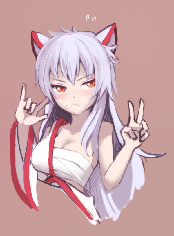 \m/ aklmmy animal_ears azur_lane blush breasts brown_background cleavage closed_mouth commentary_request cropped_torso flying_sweatdrops grey_hair hadanugi_dousa hyuuga_(azur_lane) japanese_clothes kimono long_hair looking_at_viewer medium_breasts open_clothes open_kimono orange_eyes sarashi simple_background solo sweat upper_body v white_kimono