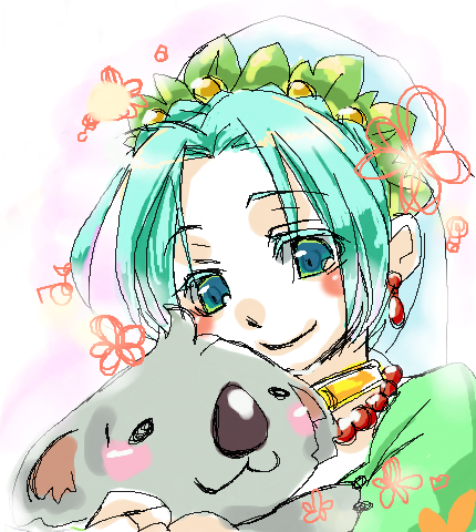 1girl animal aqua_hair blue_eyes blush braid breasts choker cleavage dress earrings flower grune_(tales) jewelry koala lowres necklace short_hair smile tales_of_(series) tales_of_legendia veil