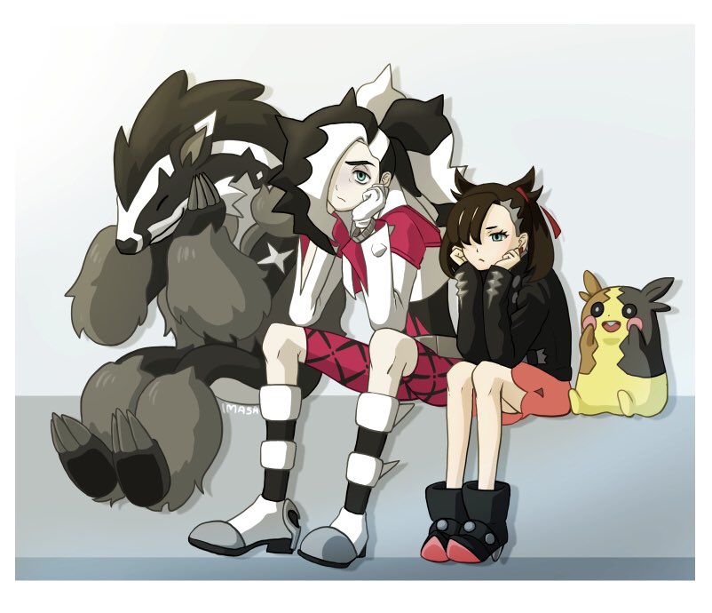 1boy 1girl ankle_boots asymmetrical_bangs belt black_footwear black_hair black_jacket boots brother_and_sister closed_mouth commentary_request cropped_jacket dress earrings frown gen_8_pokemon green_eyes gym_leader hair_ribbon head_rest im_i_masa jacket jewelry knees long_hair marnie_(pokemon) morpeko morpeko_(full) multicolored_hair nintendo obstagoon piers_(pokemon) pink_dress pokemon pokemon_(creature) pokemon_swsh red_ribbon ribbon siblings sitting two-tone_hair white_hair white_jacket