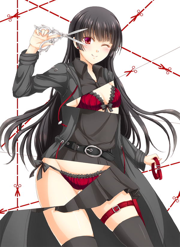 10s 1girl black_hair black_thighhighs bow bow_bra bow_panties bra collar female_focus frills holster inu_to_hasami_wa_tsukaiyou long_hair natsuno_kirihime one_eye_closed page_tear panties red_bra red_eyes red_panties revealing_layer scissors side-tie_panties smile solo sotogawa_max thigh_holster thighhighs underwear