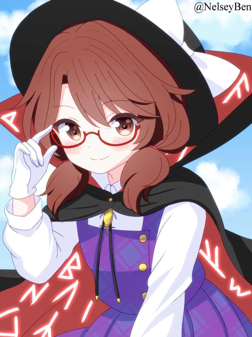 1girl adjusting_eyewear black_cape blue_sky blush bnelsey bow brown_eyes brown_hair cape closed_mouth cloud collared_shirt commentary day english_commentary glasses gloves hat hat_bow long_hair long_sleeves looking_at_viewer low_twintails paid_reward_available plaid_clothes plaid_skirt purple_skirt purple_vest red-framed_eyewear red_cape runes semi-rimless_eyewear shirt skirt sky smile solo touhou twintails twitter_username two-sided_cape two-sided_fabric under-rim_eyewear usami_sumireko vest white_gloves white_shirt