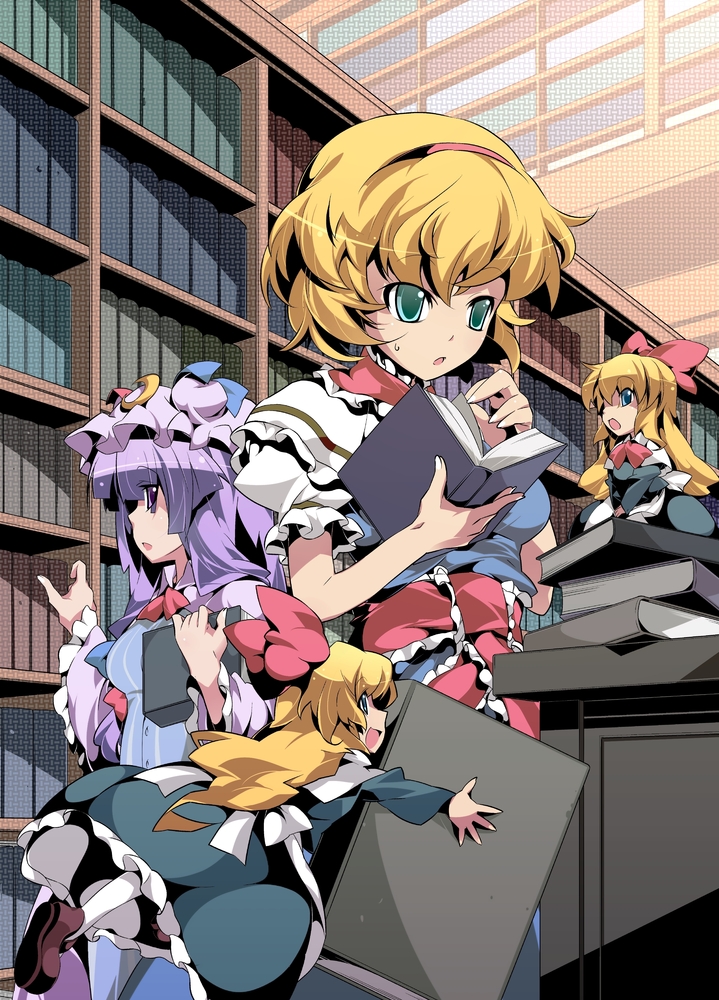 2girls alice_margatroid blonde_hair blue_eyes book bookshelf capelet crescent doll female_focus green_eyes hairband hat library long_hair multiple_girls nyuusankin patchouli_knowledge purple_eyes purple_hair sash shanghai_doll short_hair standing touhou voile