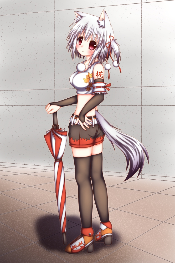 1girl animal_ears black_thighhighs blush boots bridal_gauntlets closed_umbrella female_focus fingerless_gloves gloves hestia hestia_(neko_itachi) high_heels inubashiri_momiji looking_at_viewer looking_back midriff pom_pom_(clothes) race_queen red_eyes shoes short_hair shorts side_ponytail silver_hair solo tail tattoo thighhighs touhou umbrella wolf_ears wolf_tail