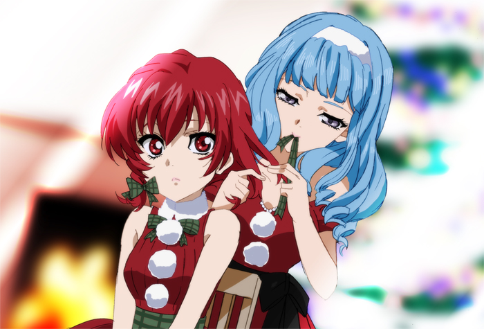 2girls ange_serena blue_hair breasts christmas christmas_tree closed_mouth dress fireplace fumiko_(mesushi) iria_animi long_hair multiple_girls red_eyes red_hair santa_costume santa_dress short_hair smile tales_of_(series) tales_of_innocence