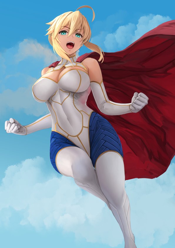 1girl ahoge artoria_pendragon_(fate) artoria_pendragon_(lancer)_(fate) blonde_hair blue_eyes breasts cape cleavage cleavage_cutout clothing_cutout cosplay crossover dc_comics elbow_gloves fate/grand_order fate_(series) flying full_body gloves huge_breasts large_breasts open_mouth power_girl power_girl_(cosplay) solo superhero_costume superman_(series) yamaneko_(tkdrumsco)