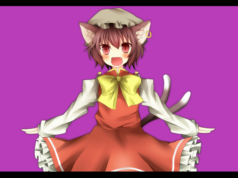 1girl animal_ears bad_id bad_pixiv_id cat_ears cat_girl cat_tail chen dress female_focus hat open_mouth pasutel ribbon simple_background solo tail touhou