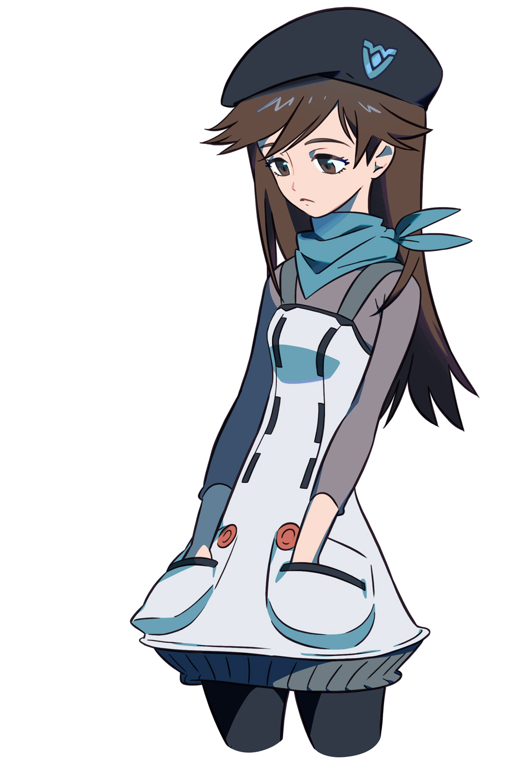 1girl black_hat blue_scarf bodysuit brown_eyes brown_hair evangelion:_3.0+1.0_thrice_upon_a_time expressionless grey_bodysuit hands_in_pockets hat highres long_hair mecha_pilot_suit neon_genesis_evangelion plugsuit_(evangelion) rebuild_of_evangelion scarf simple_background solo suzuhara_sakura take_(takegarou) white_background