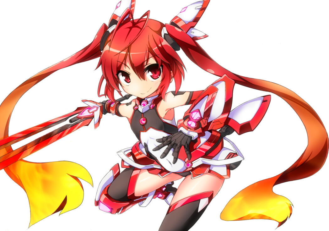 &gt;:) 1girl ahoge antenna_hair armor armpits bare_shoulders black_gloves black_thighhighs blonde_hair bodysuit covered_navel elbow_gloves faulds female_focus flat_chest foreshortening gauntlets gender_request genderswap gloves glowing gorget gradient_hair greaves hair_between_eyes hair_ornament headgear holding holding_weapon knee_pads knee_up leg_lift leotard light_smile long_hair long_twintails looking_at_viewer magical_girl mitsuka_souji multicolored_hair navel neon_trim no_nose orange_hair ore_twintail_ni_narimasu outstretched_arm red_eyes red_hair simple_background skin_tight smile solo sword tailred take_tonbo thighhighs turtleneck twintails v-shaped_eyebrows vambraces very_long_hair weapon white_background