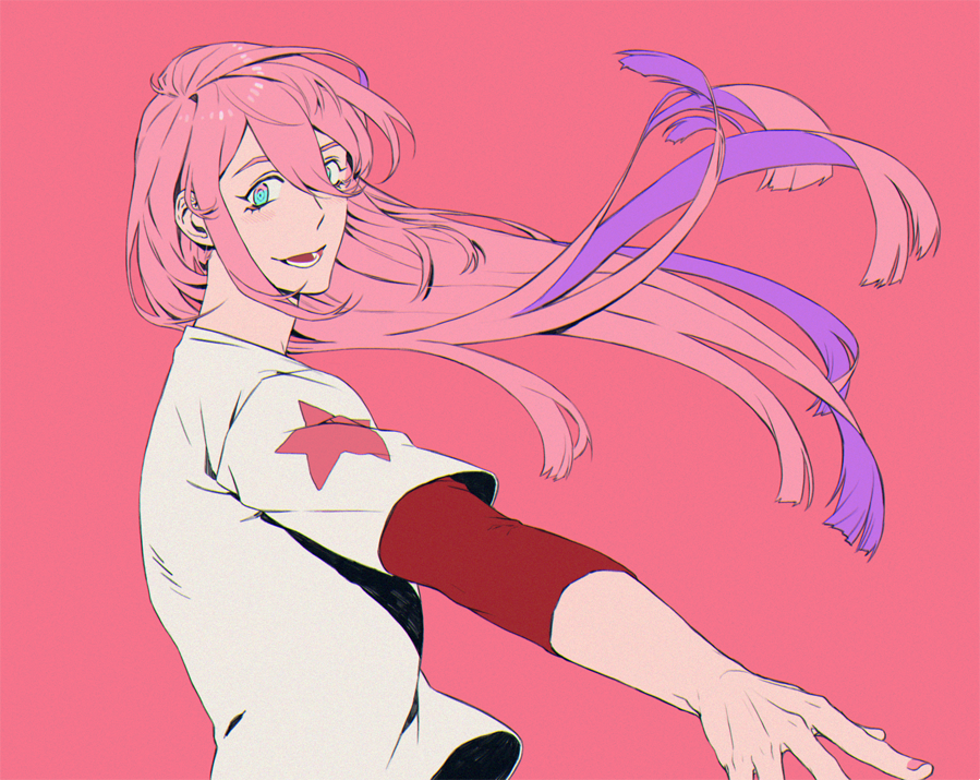 1boy blue_eyes classicaloid from_side hair_between_eyes looking_at_viewer male_focus mixed-language_commentary open_mouth pink_background pink_hair red_shirt ringed_eyes sf_jd shirt simple_background solo white_shirt wind wolfgang_amadeus_mozart_(classicaloid)