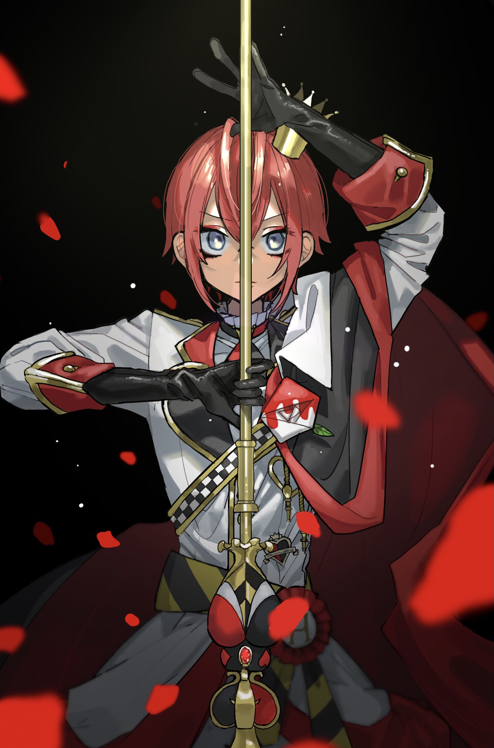 1boy antenna_hair black_background black_gloves blue_eyes closed_mouth corsage crown double-parted_bangs eyeshadow falling_petals gloves hair_between_eyes heart highres holding holding_staff jacket light_particles looking_at_viewer makeup male_focus mini_crown petals red_eyeshadow red_hair red_petals red_sleeve_cuffs riddle_rosehearts sash short_hair sleeve_cuffs solo staff striped_sash three-quarter_sleeves twisted_wonderland v-shaped_eyebrows waist_sash white_jacket yoshioka_suke