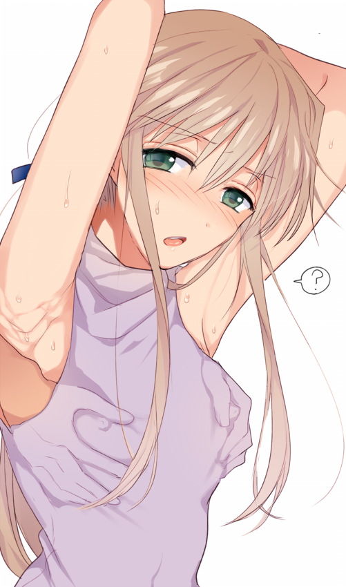 1boy ? androgynous armpits arms_up bad_id bad_pixiv_id blush chanta_(atama_tansan) chousoku_spinner covered_erect_nipples grabbing_another&#039;s_breast green_eyes groping houjouin_seito long_hair male_focus open_mouth pectoral_grab simple_background solo_focus trap white_background
