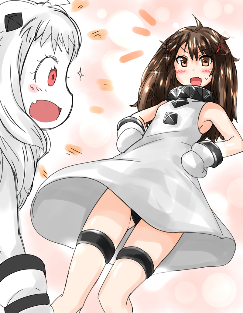 2girls abyssal_ship ahoge black_panties blush collar colored_skin cosplay dress fang from_below hair_down hair_ornament hairclip hands_on_own_hips kantai_collection legband mittens multiple_girls northern_ocean_hime_(cosplay) northern_ocean_princess nukoyarou open_mouth panties pantyshot red_eyes ryuujou_(kancolle) smile spiked_collar spikes sweatdrop thigh_strap underwear white_dress white_hair white_skin
