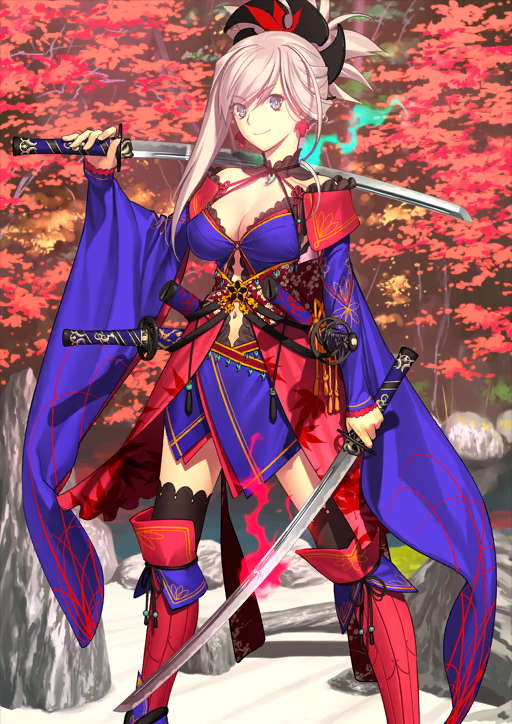 1girl arm_at_side black_thighhighs blue_eyes boots breasts cleavage closed_mouth clothing_cutout detached_sleeves dress dual_wielding earrings fate/grand_order fate_(series) feet_out_of_frame fire green_fire halterneck hand_up holding holding_sword holding_weapon japanese_clothes jewelry katana koyama_hirokazu lace_trim leaf_earrings leaf_print legs_apart long_sidelocks long_sleeves looking_at_viewer low_neckline magatama maple_leaf_print miyamoto_musashi_(fate) miyamoto_musashi_(third_ascension)_(fate) navel navel_cutout obi official_art over_shoulder overskirt parted_bangs pink_hair ponytail purple_dress purple_sleeves red_boots red_fire red_sash red_skirt sash sheath sheathed short_dress short_hair_with_long_locks short_ponytail sidelocks single_sidelock skirt sleeves_past_wrists smile solo standing strapless sword thighhighs third-party_source tree unsheathed variant_set weapon weapon_over_shoulder wide_ponytail wide_sleeves
