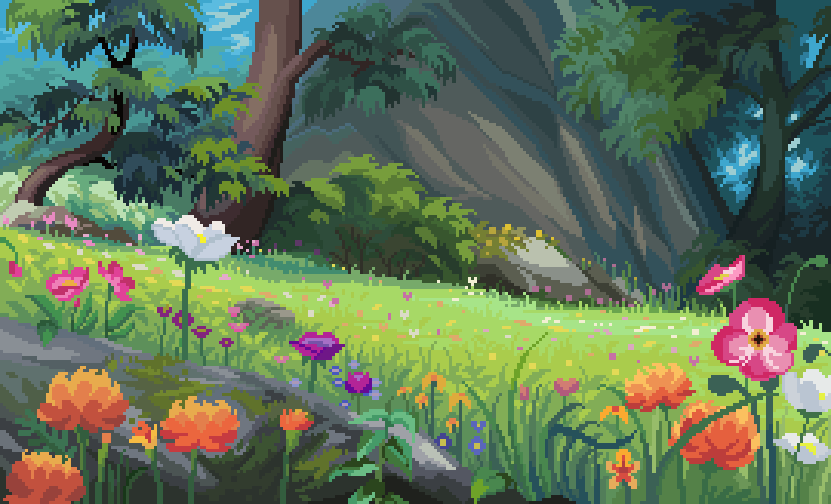 blue_sky bud bush cloud commentary day english_commentary flower grass highres jubilee_(8pxl) moss mountain no_humans orange_flower original outdoors pink_flower pixel_art plant purple_flower scenery sky tree white_flower yellow_flower