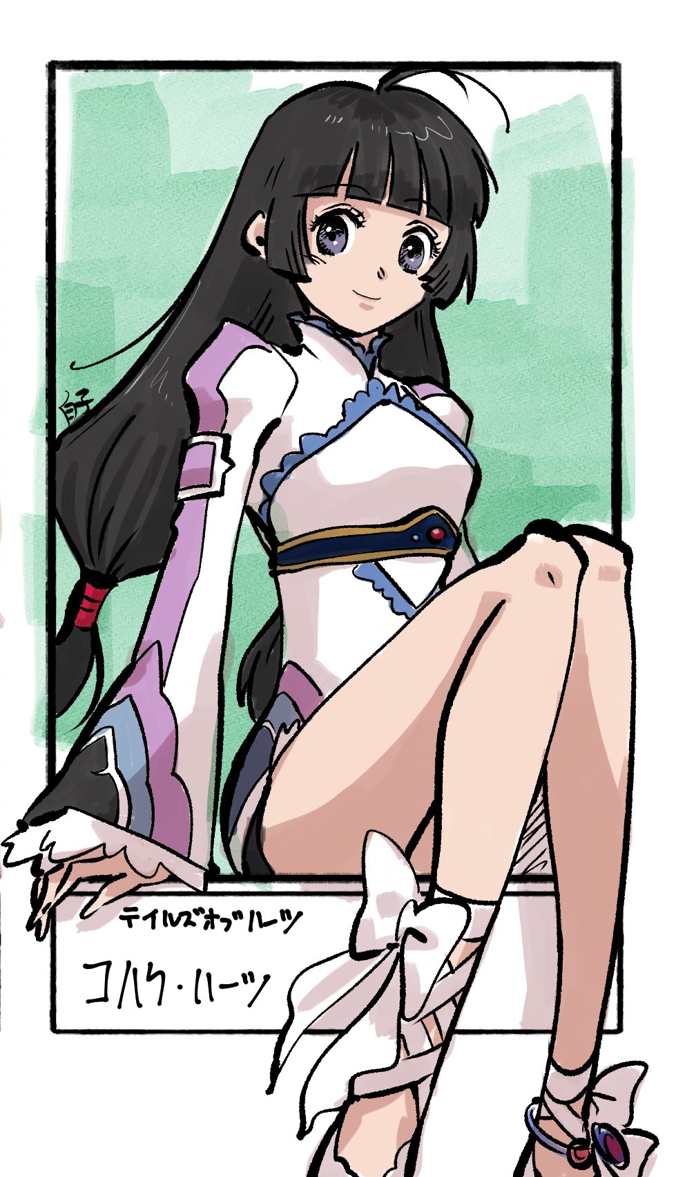1girl ahoge bare_legs black_hair closed_mouth commentary_request dress feet_out_of_frame highres kohaku_hearts long_hair looking_at_viewer low-tied_long_hair purple_eyes shirako_(kirupi) shorts smile solo tales_of_(series) tales_of_hearts twintails
