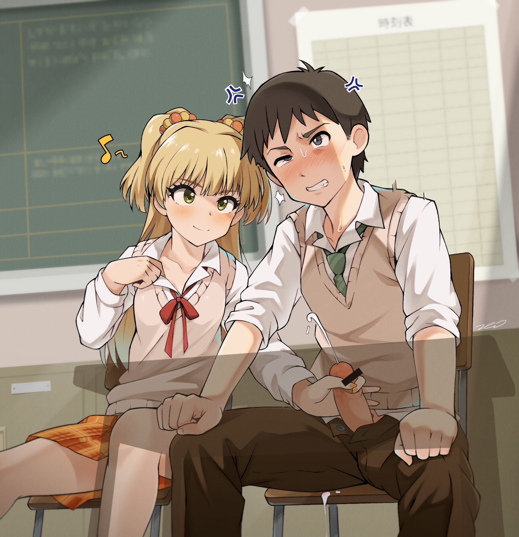 1boy 1girl anger_vein blonde_hair blush censored chair classroom cum ejaculation green_eyes handjob highres idolmaster idolmaster_cinderella_girls jougasaki_rika kim_da-yoon musical_note necktie orange_skirt pants penis school_uniform sitting skirt stealth_handjob stealth_sex sweater_vest twintails