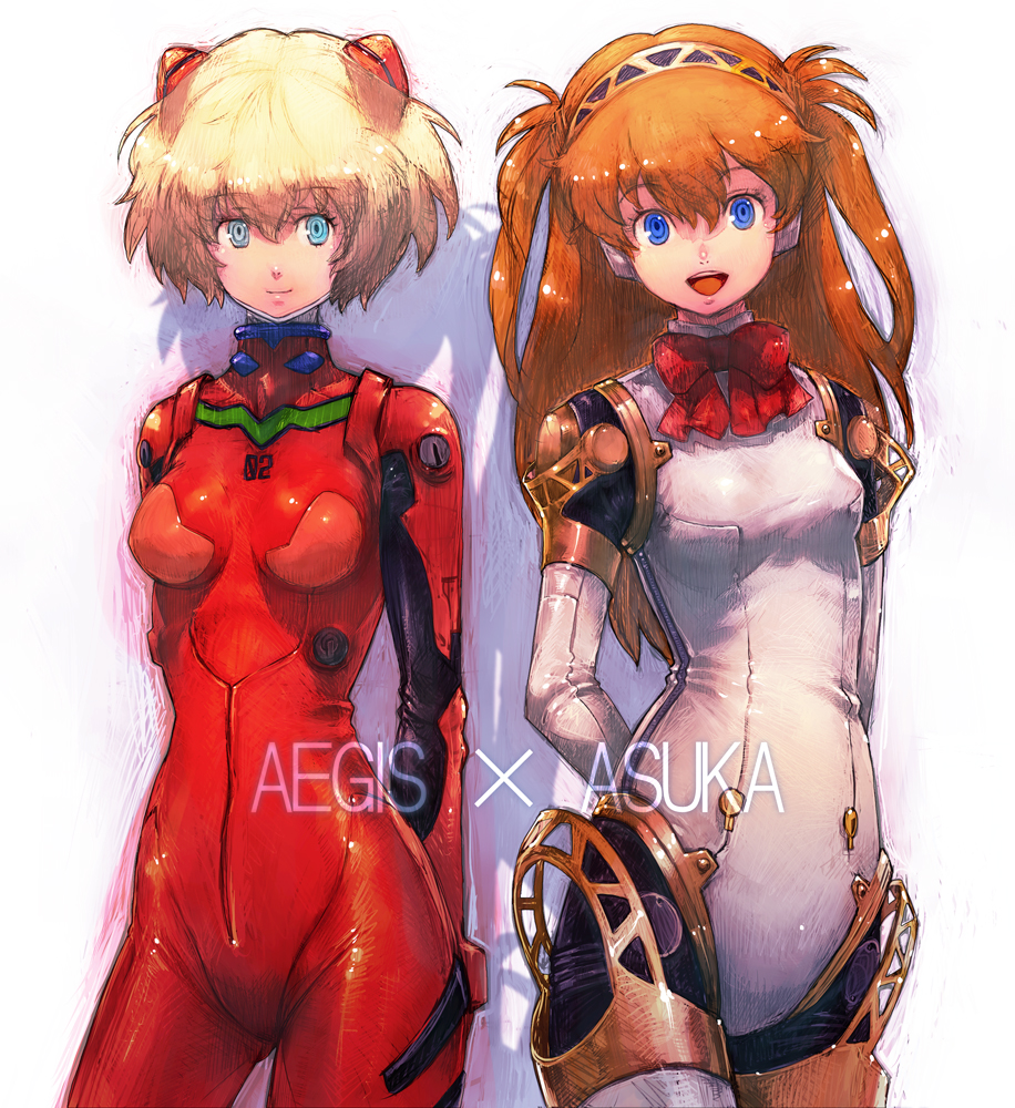 2girls aigis_(persona) aigis_(persona)_(cosplay) atlus blonde_hair blue_eyes boyaking brown_hair cosplay costume_switch crossover gainax long_hair mecha_pilot_suit megami_tensei multiple_girls neon_genesis_evangelion open_mouth persona persona_3 plugsuit_(cosplay) plugsuit_(evangelion) shin_megami_tensei short_hair smile souryuu_asuka_langley souryuu_asuka_langley_(cosplay) twintails