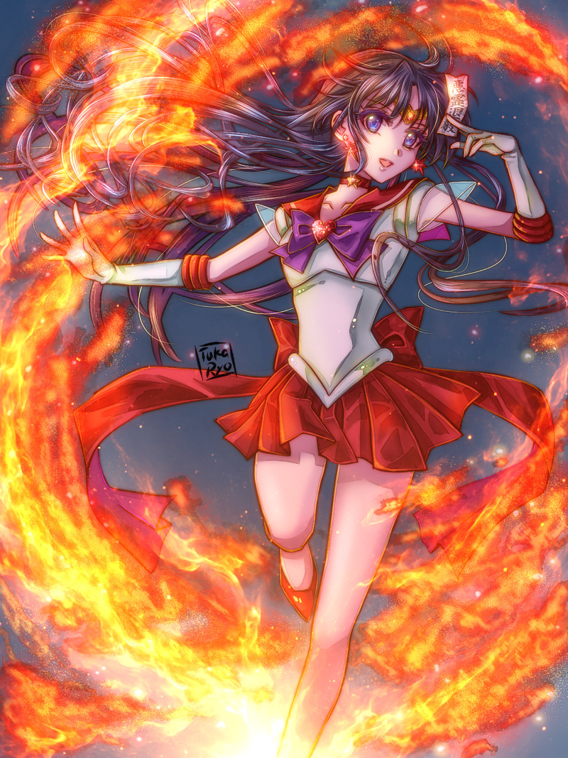 1girl artist_name back_bow bishoujo_senshi_sailor_moon black_hair blue_background blue_eyes bow brooch choker circlet commentary_request earrings elbow_gloves fire floating_hair foot_out_of_frame gloves gold_circlet hand_up heart heart_brooch hino_rei holding_ofuda jewelry leotard long_hair magical_girl ofuda open_mouth outstretched_arm purple_bow pyrokinesis red_bow red_choker red_sailor_collar red_shoes red_skirt sailor_collar sailor_mars sailor_senshi_uniform shoes short_sleeves skirt standing standing_on_one_leg star_(symbol) star_choker super_sailor_mars tuka_ryo white_gloves white_leotard