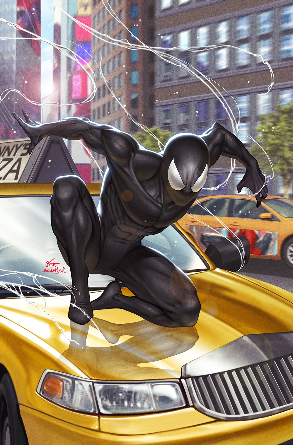1boy black_bodysuit bodysuit car city day highres in-hyuk_lee looking_at_viewer male_focus marvel motor_vehicle on_car on_one_knee on_vehicle outdoors solo spider-man spider-man_(series)
