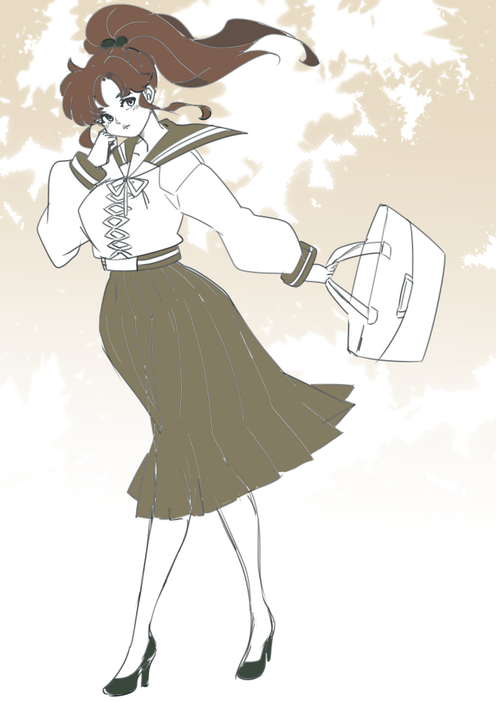 1girl bag bishoujo_senshi_sailor_moon breasts brown_hair full_body hair_bobbles hair_ornament hand_on_own_face high_heels holding holding_bag kino_makoto kuwango large_breasts light_blush long_hair long_skirt long_sleeves parted_bangs pleated_skirt ponytail puffy_long_sleeves puffy_sleeves pumps sailor_collar school_uniform sepia shirt sidelocks sketch skirt solo walking white_shirt wind