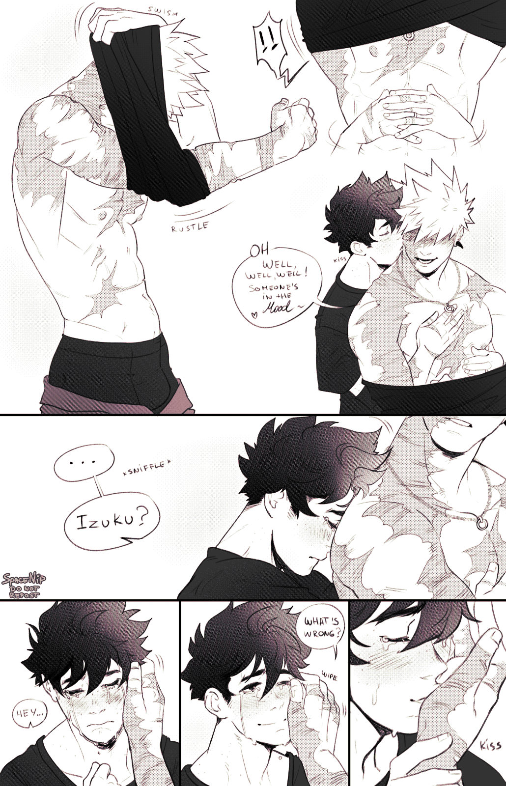 2boys bakugou_katsuki blush boku_no_hero_academia crying english_text freckles greyscale highres hug hug_from_behind male_focus midoriya_izuku monochrome multiple_boys multiple_scars nipples scar scars_all_over short_hair spacenipnops tears too_many undressing wiping_tears yaoi
