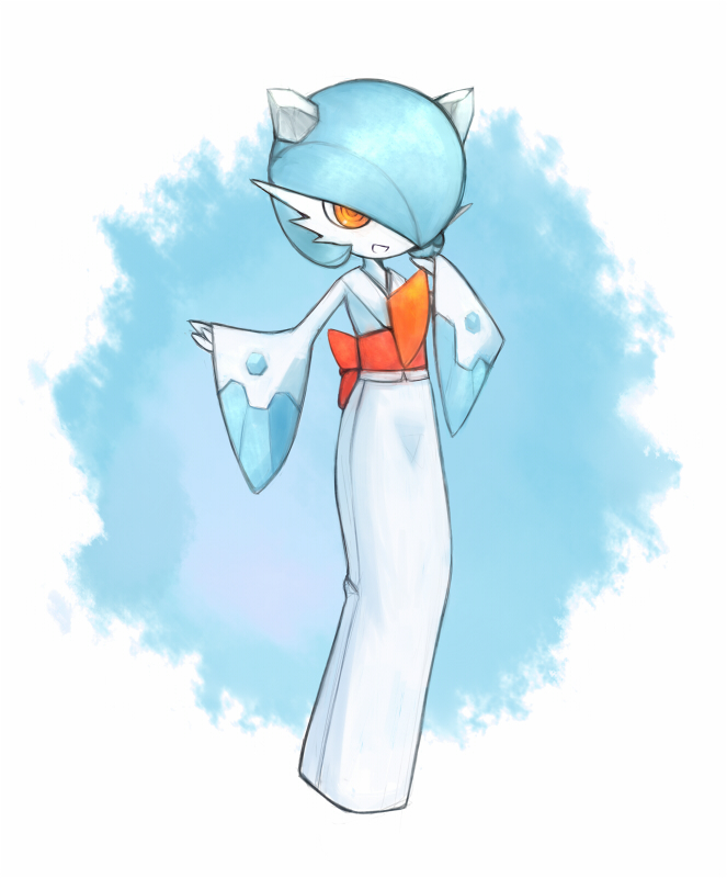 alternate_color blue_background blue_hair cosplay daiquiri froslass froslass_(cosplay) gardevoir gen_3_pokemon gen_4_pokemon hair_over_one_eye horns ice_horns japanese_clothes nintendo orange_eyes orange_sash pokemon pokemon_(creature) sash shiny_pokemon smile two-tone_background wide_sleeves
