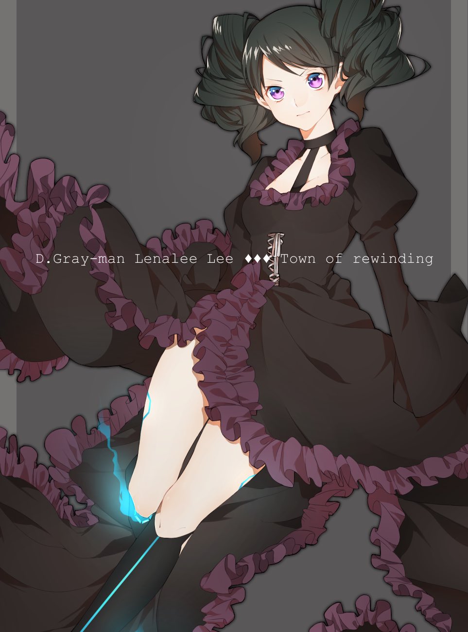 1girl aura black_boots black_dress black_hair blue_aura boots border breasts cleavage collarbone d.gray-man dress drill_hair english_text floating_clothes frilled_dress frills frown grey_background grey_border halterneck highres juliet_sleeves knees lenalee_lee long_dress long_hair long_sleeves looking_at_viewer outside_border puffy_sleeves purple_eyes simple_background sino42 sleeves_past_wrists small_breasts solo thigh_marking thighs twin_drills twintails wide_sleeves