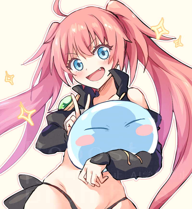 1girl 1other ahoge blue_eyes blush fang holding milim_nava open_mouth pink_hair rimuru_tempest_(slime) tensei_shitara_slime_datta_ken twintails