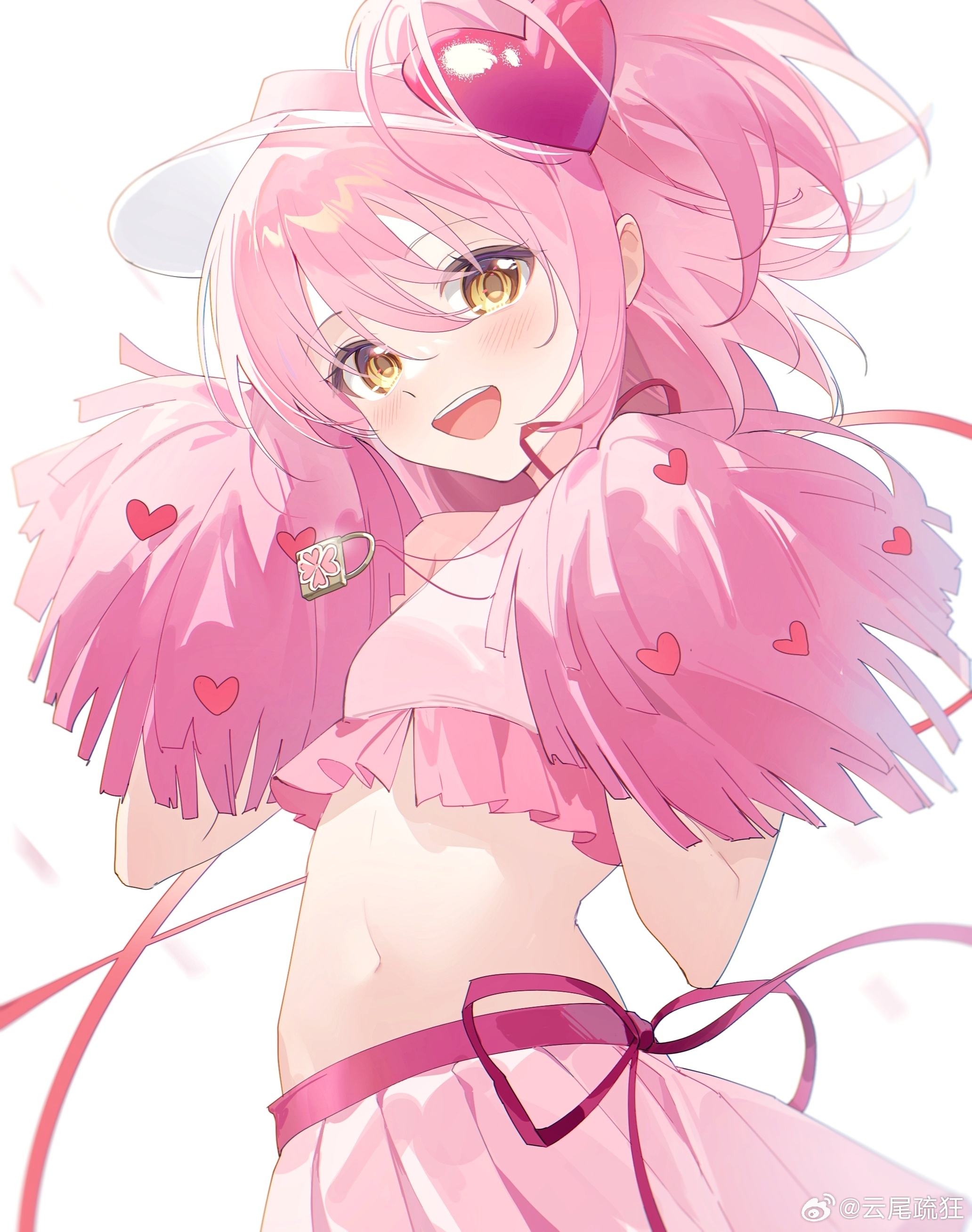 1girl absurdres amulet_heart bare_arms bare_shoulders blush cheerleader cowboy_shot crop_top dot_nose eyelashes floating_clothes floating_hair frilled_shirt frills hair_between_eyes hair_ornament happy hat heart heart_hair_ornament highres hinamori_amu holding holding_pom_poms humpty_lock_(shugo_chara!) long_hair looking_at_viewer magical_girl midriff miniskirt navel one_side_up open_mouth petals pink_hair pink_shirt pink_skirt pleated_skirt pom_pom_(cheerleading) pom_poms red_ribbon ribbon shirt shugo_chara! sideways_hat simple_background skirt skirt_set smile solo teeth upper_teeth_only visor_cap waist_ribbon watermark weibo_watermark white_background white_hat yellow_eyes yunweishukuang
