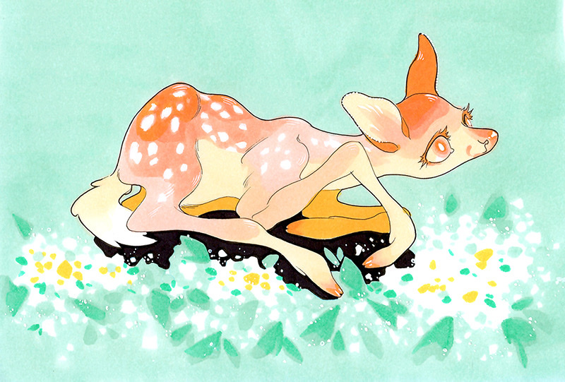 abstract_background animal animal_focus colored_eyelashes colored_sclera deer ears_up fawn fleebites grass green_background high_contrast light_particles limited_palette looking_up lying on_grass on_ground orange_eyes orange_fur original pastel_colors traditional_media yellow_sclera yellow_tail