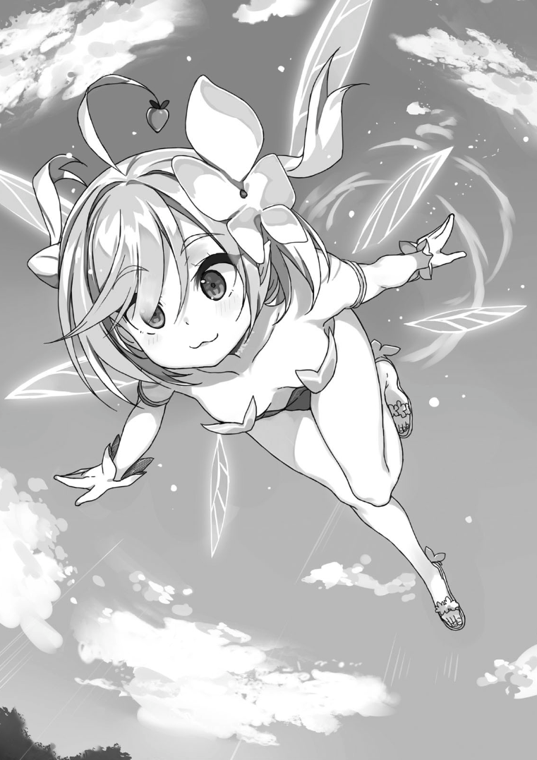 1girl :3 ahoge airis_(buta_koushaku) bare_shoulders blush bob_cut breasts bug buta_koushaku closed_mouth cloud collarbone fairy fairy_wings flower fly flying from_below full_body greyscale hair_between_eyes hair_flower hair_ornament insect leg_up leotard monochrome nauribon novel_illustration official_art open_hand outdoors outstretched_arms outstretched_leg pointy_ears sandals short_hair sky small_breasts smile solo spread_arms third-party_source transparent_wings wings