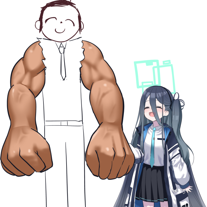 1boy 1girl aris_(blue_archive) black_hair black_skirt blue_archive blue_necktie braid closed_eyes doodle_sensei_(blue_archive) kick_back_(song) muscular muscular_male necktie o_(rakkasei) school_uniform sensei_(blue_archive) shirt single_braid skirt smile white_background white_shirt yonezu_kenshi_(person)