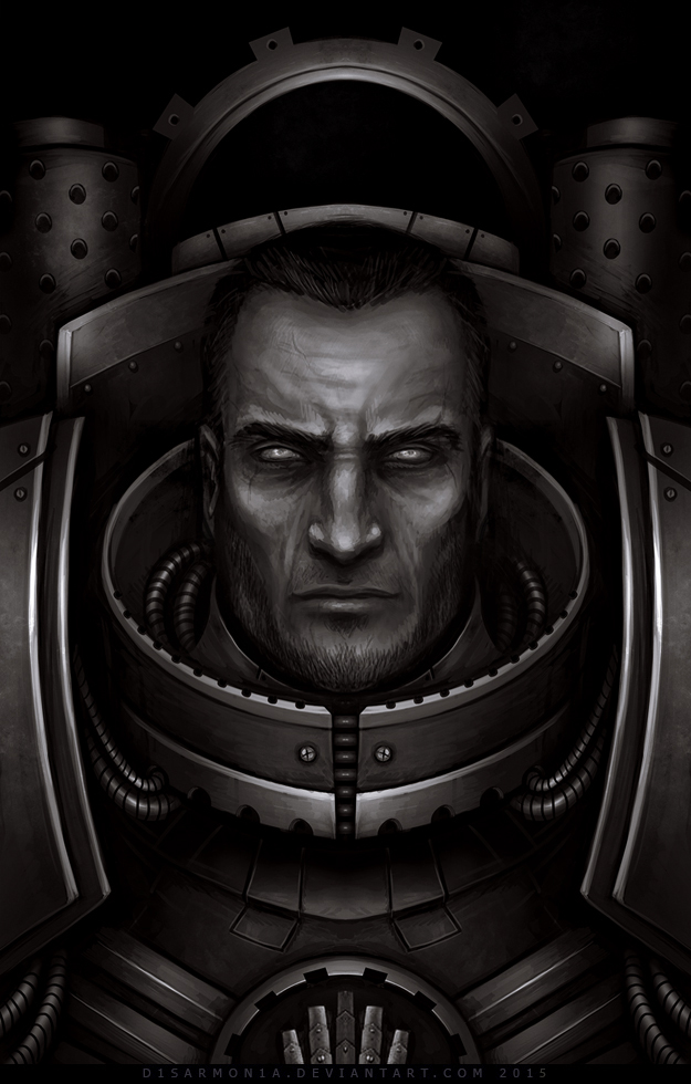 1boy armor beard_stubble black_background black_hair breastplate closed_mouth commentary dated deviantart_username english_commentary facial_hair ferrus_manus grey_eyes iron_hands_(warhammer) looking_at_viewer male_focus medusan_carapace monochrome portrait power_armor primarch short_hair simple_background solo straight-on stubble veronica_anrathi warhammer_40k watermark web_address