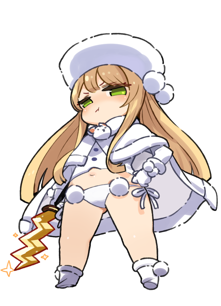 1girl character_request chibi closed_mouth fate_(series) full_body fur_hat hat ivan_the_terrible_(fate) long_hair looking_at_viewer papakha simple_background solo weapon white_background
