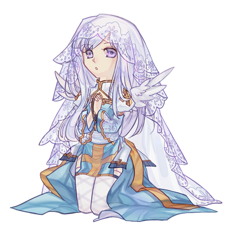 1girl arch_bishop_(ragnarok_online) blue_dress bridal_veil cinlee cleavage_cutout clothing_cutout commentary commission cross cross_necklace dress english_commentary fishnet_thighhighs fishnets full_body hair_intakes holding holding_jewelry holding_necklace jewelry juliet_sleeves kneeling long_hair long_sleeves looking_at_viewer lowres necklace open_mouth own_hands_together praying puffy_sleeves purple_eyes ragnarok_online simple_background solo thighhighs transparent_background two-tone_dress veil very_long_hair white_dress white_hair white_thighhighs
