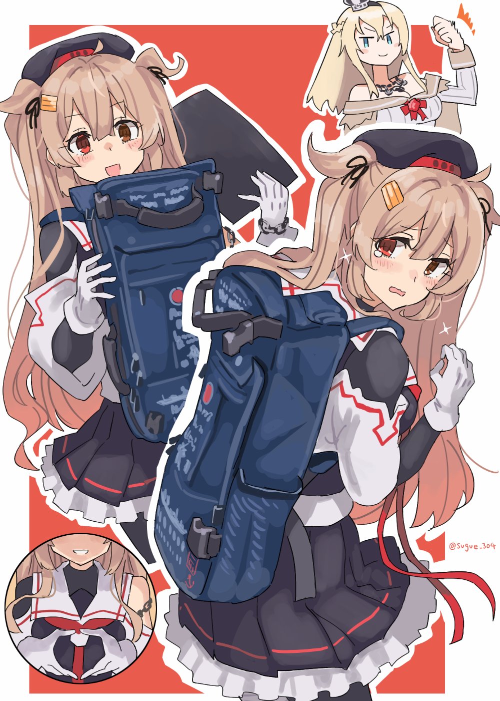 2girls asymmetrical_clothes backpack bag beret black_hat black_ribbon black_serafuku black_shirt black_skirt blonde_hair border brown_eyes circle_hands dress flexing gloves hair_flaps hat heterochromia highres jewelry kantai_collection long_hair multiple_girls multiple_views murasame_(kancolle) murasame_kai_ni_(kancolle) neckerchief necklace off-shoulder_dress off_shoulder outside_border pleated_skirt red_background red_eyes red_neckerchief ribbon sailor_collar school_uniform serafuku shirt skirt sugue_tettou two-tone_background two_side_up warspite_(kancolle) white_border white_dress white_gloves white_sailor_collar