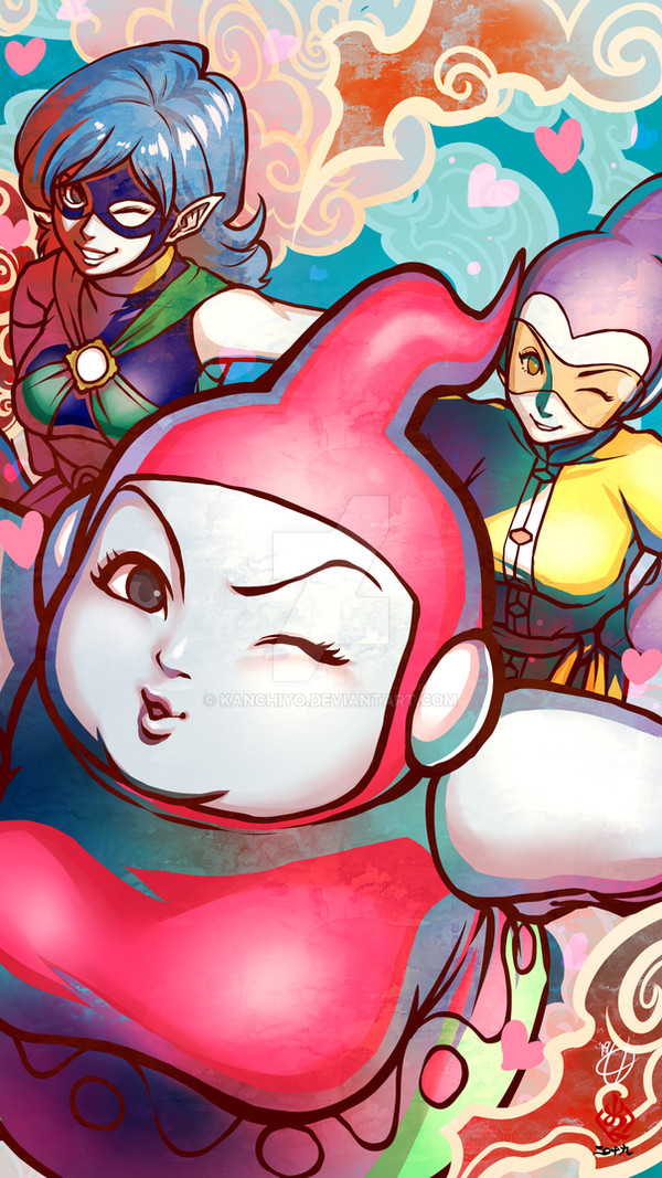 3girls black_eyes blue_hair blue_skin breasts brianne_de_chateau chinese_clothes cleavage_cutout clothing_cutout cloud colored_skin commentary dragon_ball dragon_ball_super dress english_commentary from_above hand_on_own_hip heart hood hood_up kakunsa_(dragon_ball) kanchiyo large_breasts magical_girl mask medium_breasts multiple_girls one_eye_closed pink_dress pink_hood plump pointy_ears puckered_lips purple_hood rimless_eyewear sanka_ku sleeveless sleeveless_dress smile su_roas teeth tinted_eyewear watermark web_address yellow-tinted_eyewear