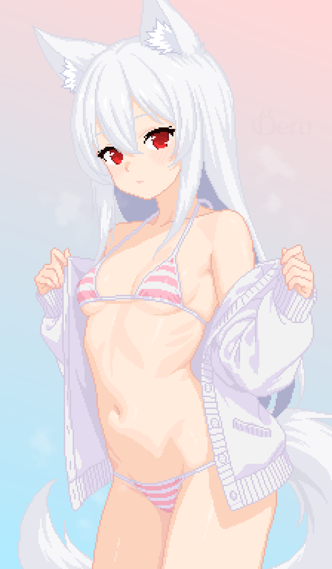 1girl animal_ear_fluff animal_ears bikini bikini_under_clothes blurry blurry_background breasts cardigan en&#039;deru expressionless gradient_background highres long_hair long_sleeves looking_at_viewer navel off_shoulder open_cardigan open_clothes original pink_background pixel_art red_eyes ribs simple_background small_breasts stomach striped_bikini striped_clothes swimsuit tail undressing white_cardigan white_hair wolf_ears wolf_girl wolf_tail