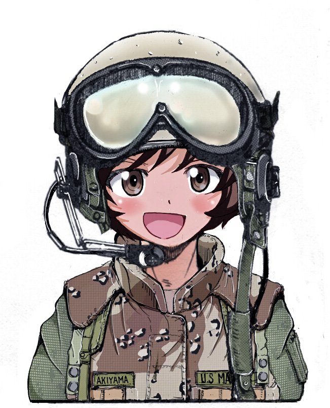 1girl :d akiyama_yukari artist_name brown_jacket camouflage character_name commentary_request cropped_torso girls_und_panzer goggles goggles_on_headwear green_headwear gulf_war headset helmet jacket looking_at_viewer military military_combat_uniform military_uniform military_vehicle nakamura_3sou name_tag open_mouth operation_desert_storm short_hair simple_background smile solo sss_(arca_live_63641351) united_states_marine_corps upper_body white_background woodland_camouflage