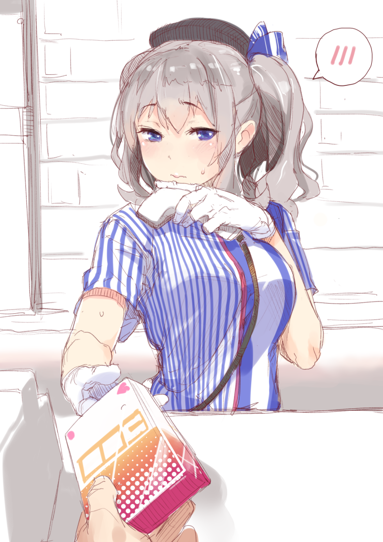 barcode_scanner black_headwear blue_eyes blue_shirt blush buying_condoms closed_mouth condom_box embarrassed gloves grey_hair hat holding holding_barcode_scanner kantai_collection karochii kashima_(kancolle) looking_at_viewer medium_hair pov pov_hands scanner shirt short_sleeves solo_focus spoken_blush sweatdrop twintails white_gloves working