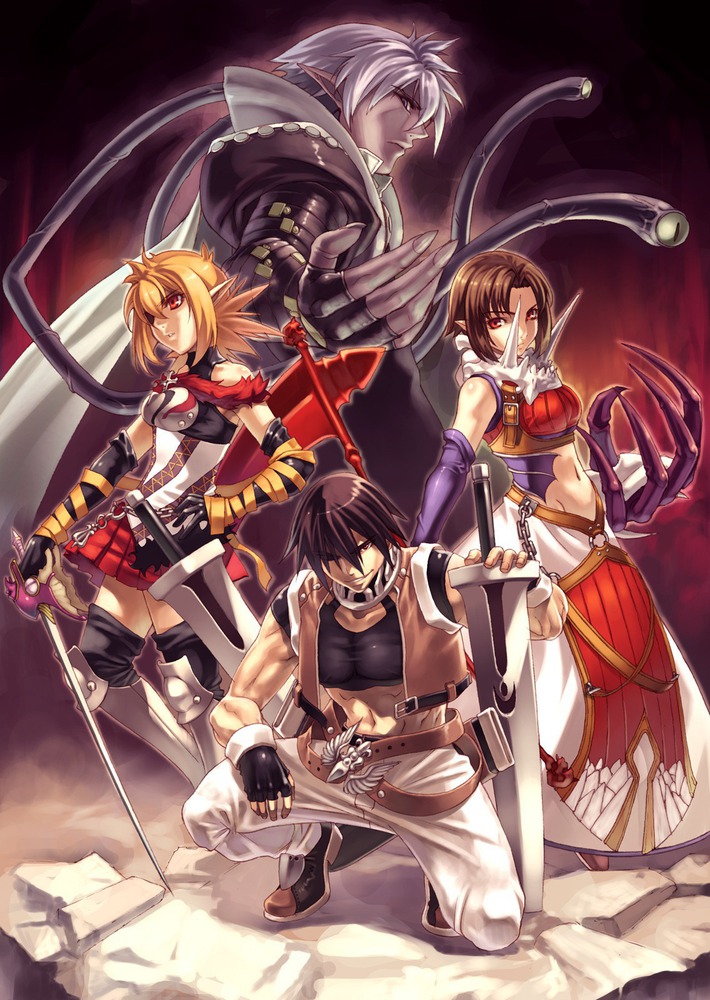 2boys 2girls armor armored_dress black_hair black_legwear blonde_hair brown_hair dress expressionless fingerless_gloves gloves grey_hair hirano_katsuyuki hiro_(spectral_force) jadou jadou_(spectral_force) kneeling midriff multiple_boys multiple_girls official_art red_eyes roze roze_(spectral_souls) shoes skirt smile spectral_(series) spectral_force spectral_souls spectral_vs_generation sword thighhighs weapon wells_(spectral) wells_(spectral_force)