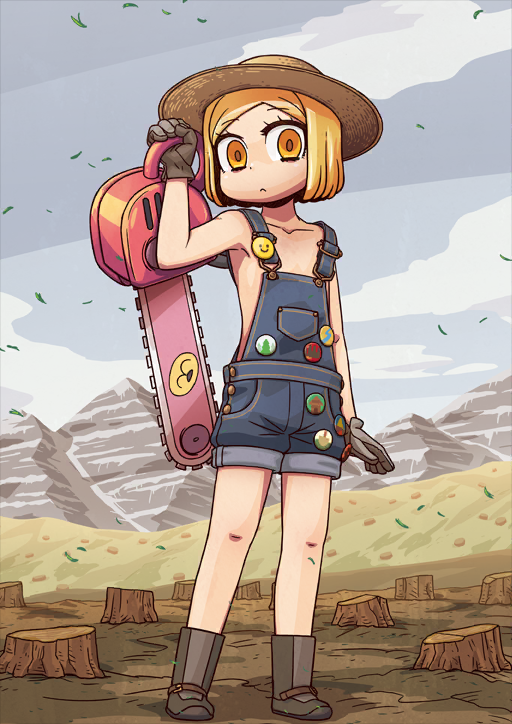 1girl arm_at_side armpits badge bare_arms bare_shoulders black_boots blonde_hair blue_overalls bob_cut boots button_badge chainsaw closed_mouth collarbone denim_overalls dot_nose eyelashes fate/grand_order fate_(series) full_body hand_up hat holding holding_chainsaw leaf legs_apart looking_at_viewer mountain naked_overalls no_shirt official_art orange_eyes outdoors overall_shorts overalls parted_bangs paul_bunyan_(fate) paul_bunyan_(third_ascension)_(fate) riyo_(lyomsnpmp) short_hair sideless_outfit solo standing straw_hat sun_hat third-party_source tree_stump variant_set wind