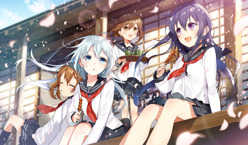10s 4girls :d akatsuki_(kancolle) black_sailor_collar black_skirt blue_eyes brown_eyes brown_hair cup folded_ponytail food hair_between_eyes hibiki_(kancolle) holding holding_food ikazuchi_(kancolle) inazuma_(kancolle) kantai_collection long_hair long_sleeves multiple_girls neckerchief open_mouth petals pleated_skirt purple_eyes purple_hair red_neckerchief sailor_collar school_uniform serafuku short_hair silver_hair sitting skewer skirt smile yunomi yuzuki_kihiro