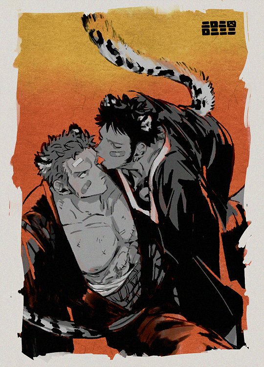 2boys abs animal_ears bandaid bandaid_on_cheek bandaid_on_face bare_pectorals border closed_eyes closed_mouth collarbone commentary_request gradient_background haramaki kalk0011 kemonomimi_mode layered_sleeves licking licking_another&#039;s_face long_sleeves looking_at_another male_focus multiple_boys one_piece pectorals robe roronoa_zoro scar scar_on_chest short_hair snow_leopard_boy snow_leopard_ears snow_leopard_tail tail tongue tongue_out trafalgar_law yaoi
