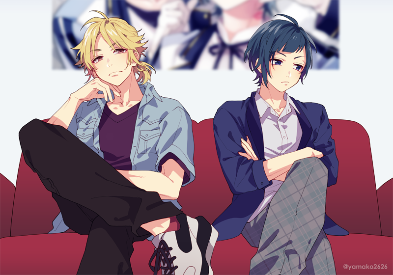 2boys artist_name black_hair black_pants blonde_hair blue_jacket couch crossed_arms crossed_legs frown grey_pants heroine_tarumono! indoors jacket male_focus multiple_boys pants poster_(object) shibasaki_aizou shoes sitting sneakers someya_yuujirou white_footwear yamako_(state_of_children)