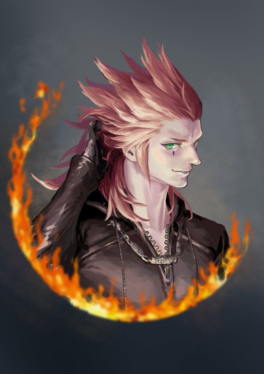 1boy axel_(kingdom_hearts) black_coat_(kingdom_hearts) black_gloves closed_mouth commentary commentary_request cropped_torso drawstring facial_mark fire gloves gradient_background green_eyes hair_intakes hand_in_own_hair hand_up highres hood hood_down jewelry kingdom_hearts long_hair long_sleeves looking_at_viewer male_focus mukashino necklace open_collar profile red_hair ring_of_fire simple_background solo spiked_hair zipper