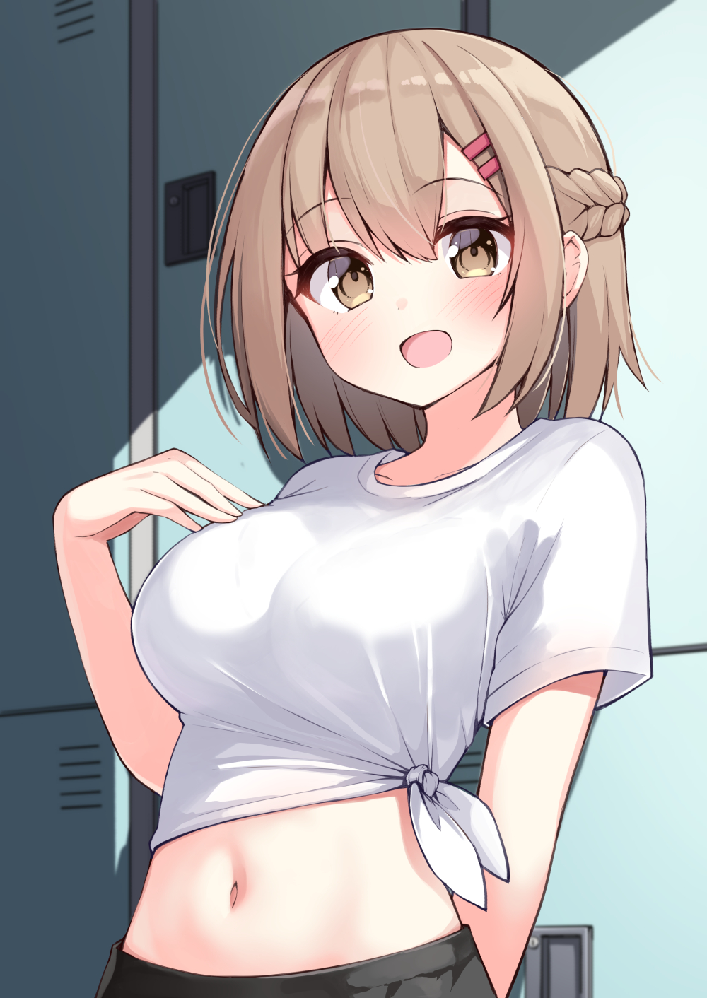 1girl :d black_shorts blush braid breasts brown_eyes brown_hair childhood_friend_(ominaeshi) commentary_request hair_between_eyes hair_ornament hairclip hand_up highres indoors locker locker_room looking_at_viewer medium_breasts navel ominaeshi_(takenoko) open_mouth original shirt short_sleeves shorts smile solo tied_shirt white_shirt